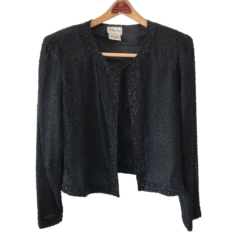 🔥Silk Beaded Jacket Sz Large Stenay Vintage Black Formal Blazer 90s Fancy